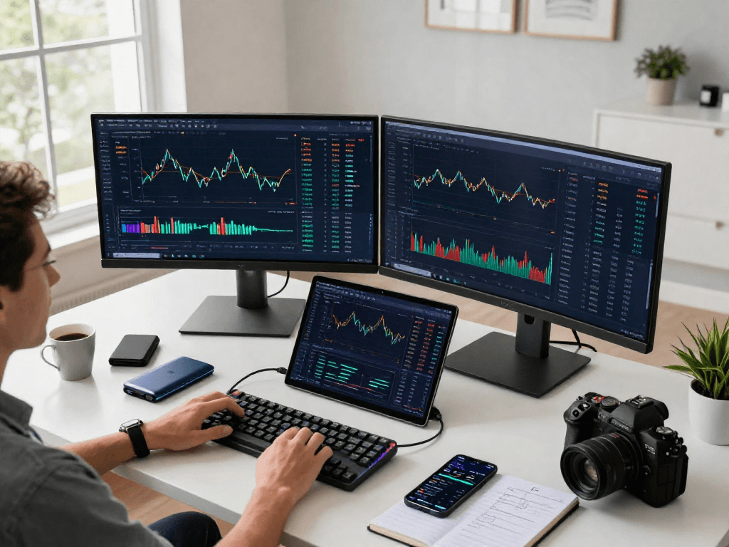 在metatrader 5官网形象中，一位交易者在家中办公环境使用多屏总部，展示加密货币市场和交易分析工具。