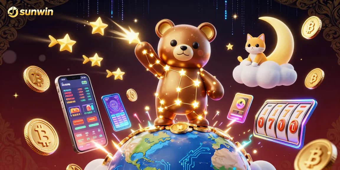 Experience sunwin's exciting gaming universe with vibrant 3D characters and slot-themed elements.
