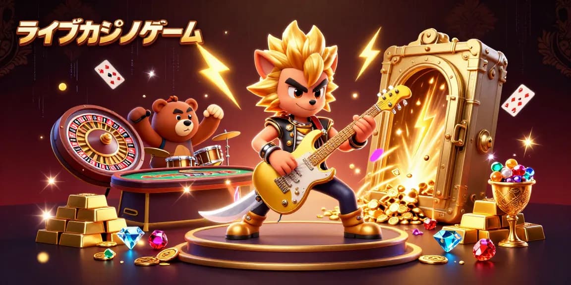 ライブカジノゲームのシーンで、ルーレットテーブルとトランプで囲まれたライブエンターテイメント。