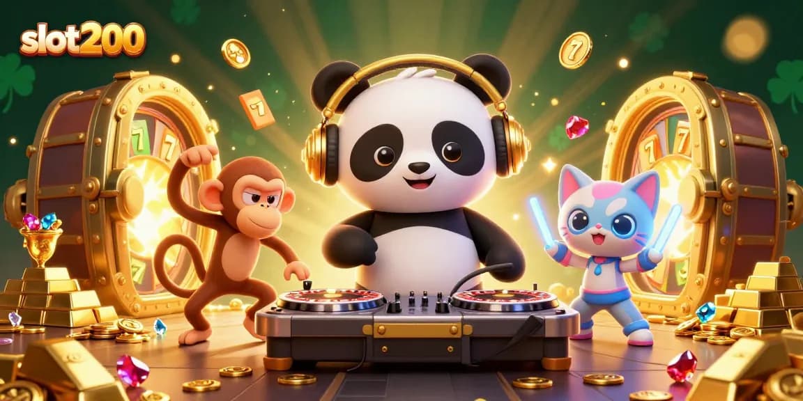 Slot200 menampilkan DJ panda 3D, monyet breakdance, dan kucing rave dikelilingi harta berkilau.