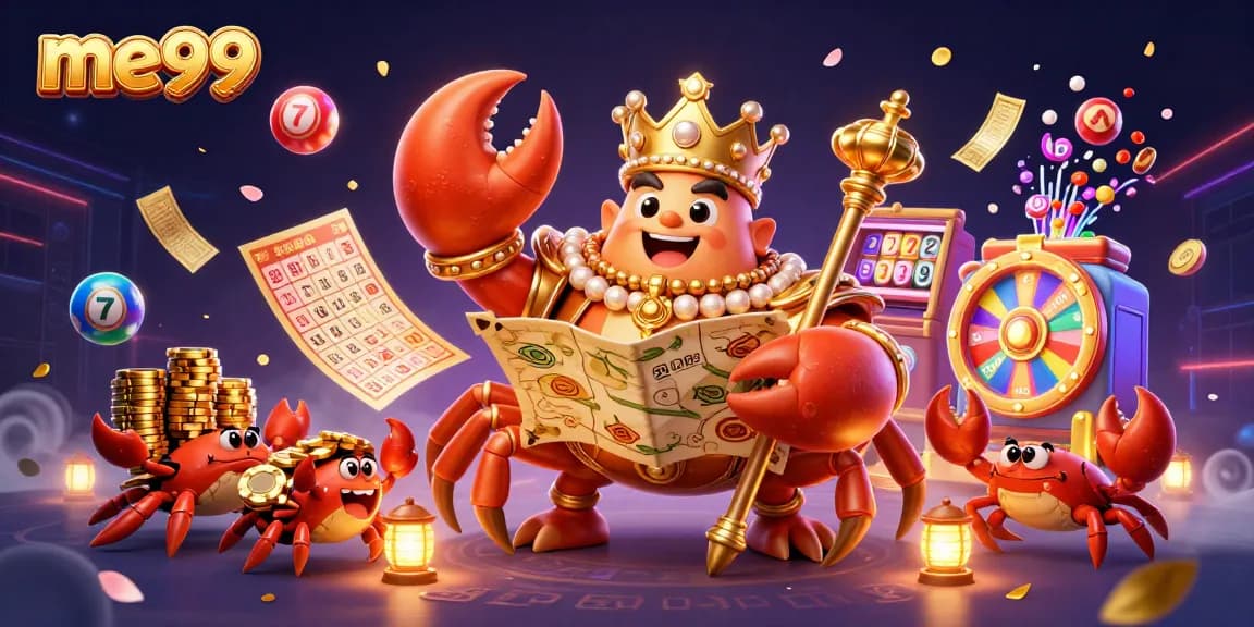 Experience me99's vibrant gaming world with a golden crab emperor amidst bursting lottery excitement.