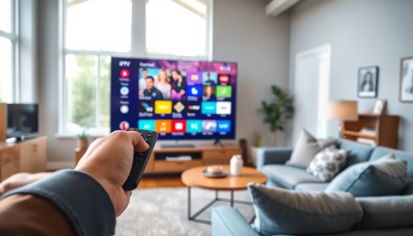 Explore various IPTV services in a cozy living room setting with a sleek TV.