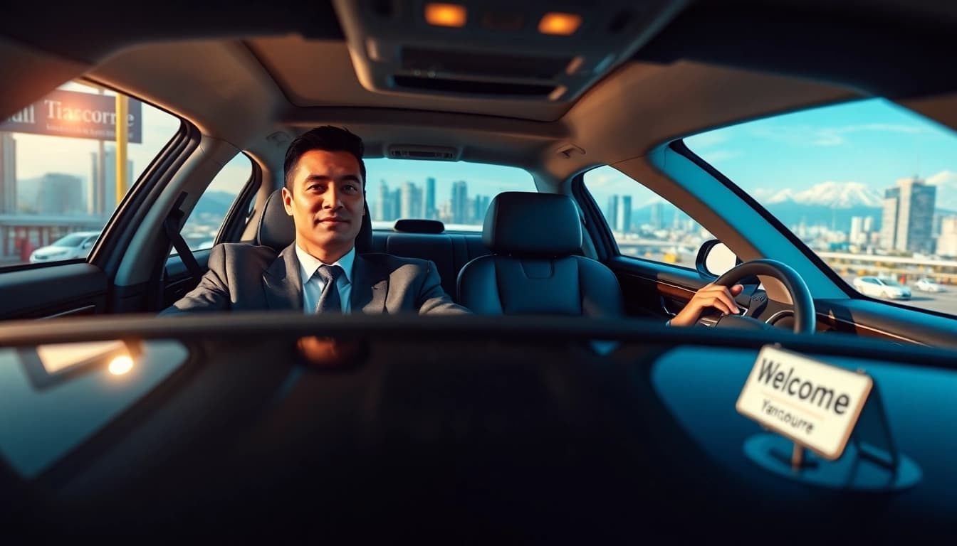 Experience a premium car service vancouver airport with a professional driver waiting by a luxury sedan.