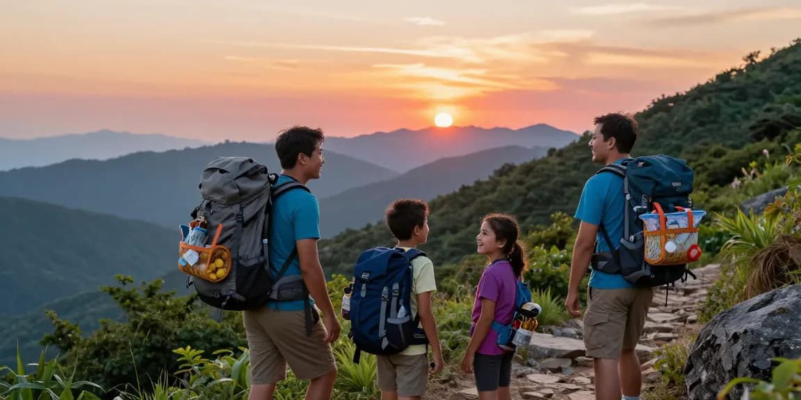 Family adventure at sunset showcasing mantra88 outdoor experiences, enjoying hiking and bonding in nature.