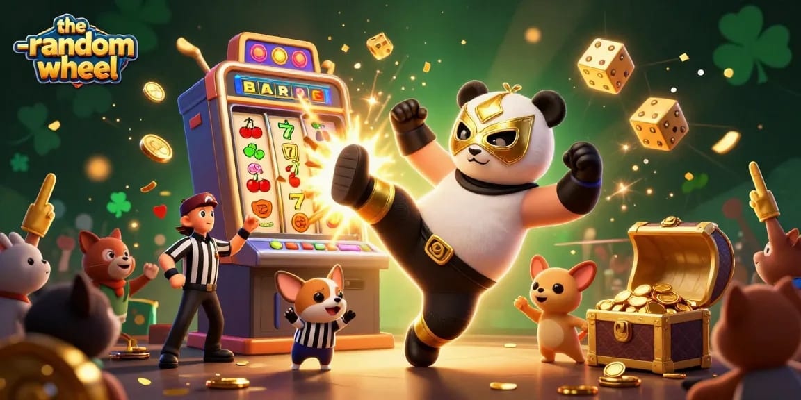 Experience excitement with the-random-wheel; a 3D gambling scene with panda wrestler and jackpot celebrations.