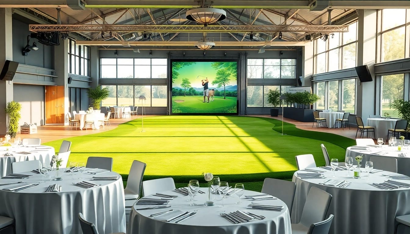 Hosting Events in a beautifully arranged indoor golf venue with inviting tables and vibrant greenery.