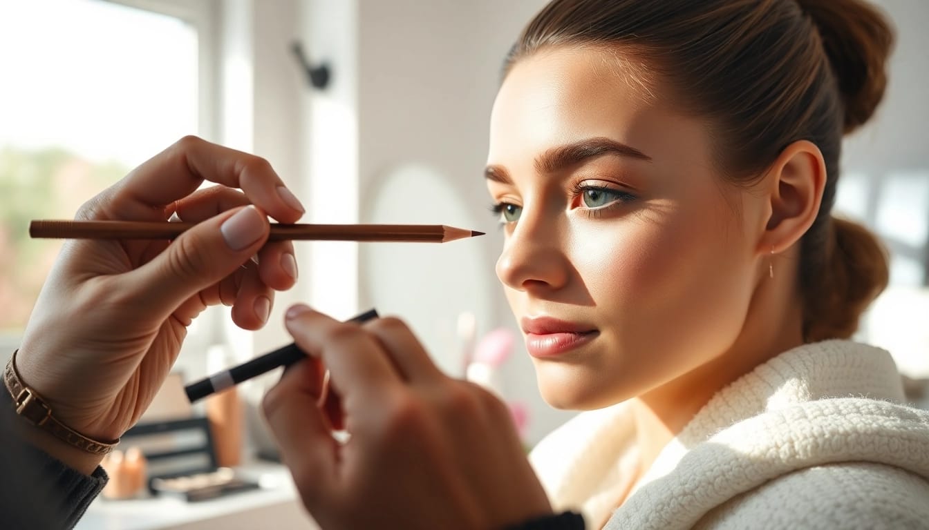 Creating pencil eyebrows with precision for a flawless look.