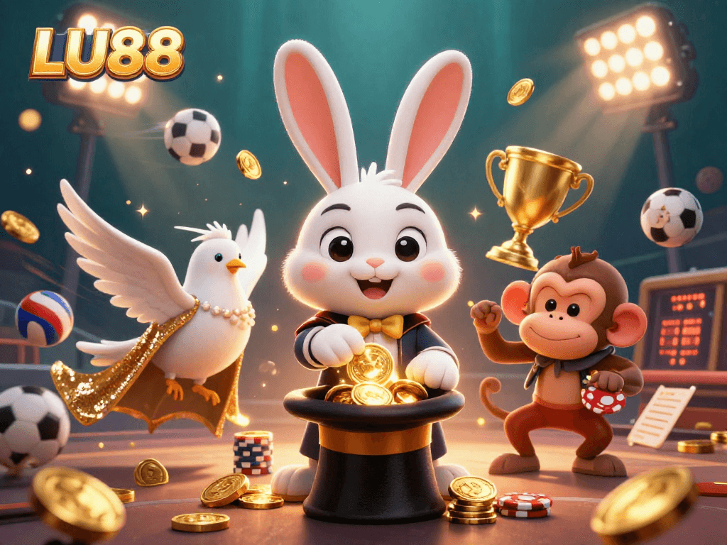 LU88's dynamic gaming scene with a magician rabbit, glamorous dove, and mischievous monkey surrounded by betting excitement.