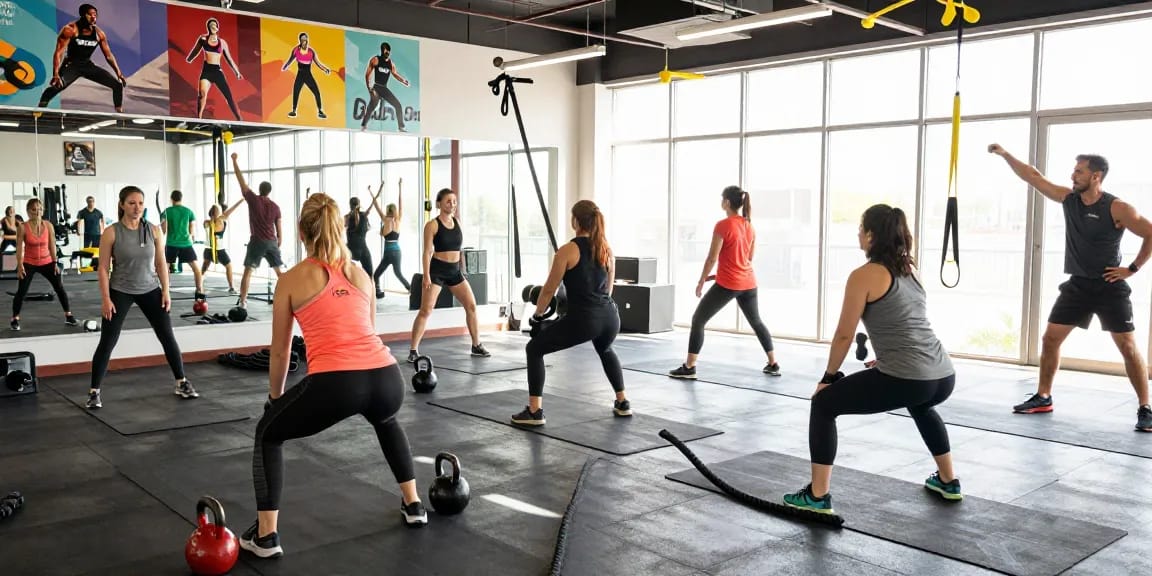 Active scene at Somatrop Steroid Shop fitness class, showcasing energetic HIIT training in a bright gym environment.