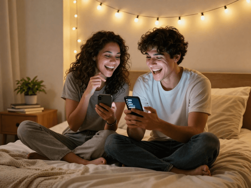 Couple enjoying playful AI sexting moment in cozy bedroom
