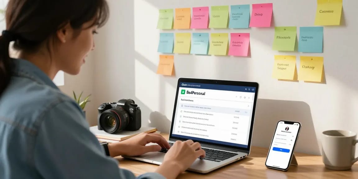 Engaging user exploring BedPersonal for local classifieds in a cozy home office setting.