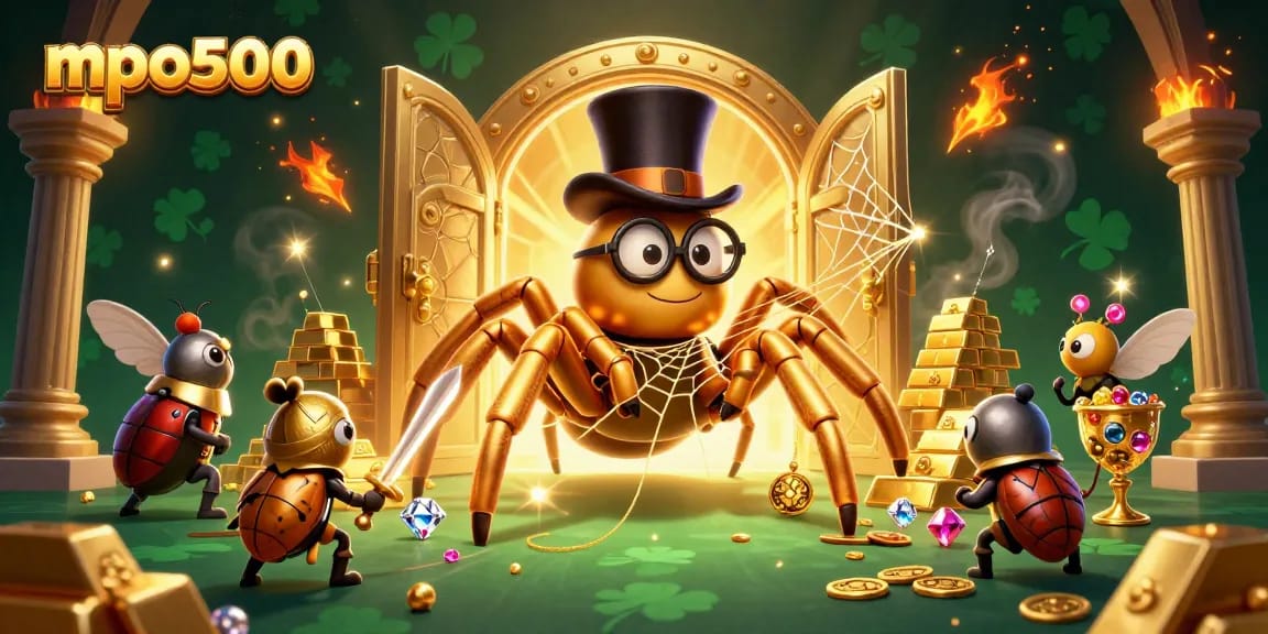 MPO500 showcases a dynamic illustration with a giant tarantula and brave beetle knight amidst casino treasures.