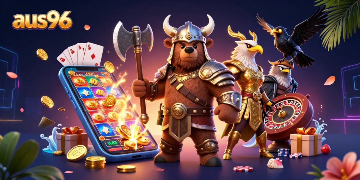 Experience exciting gaming with aus96 featuring a Viking bear and Valkyrie eagle in a vibrant casino scene.