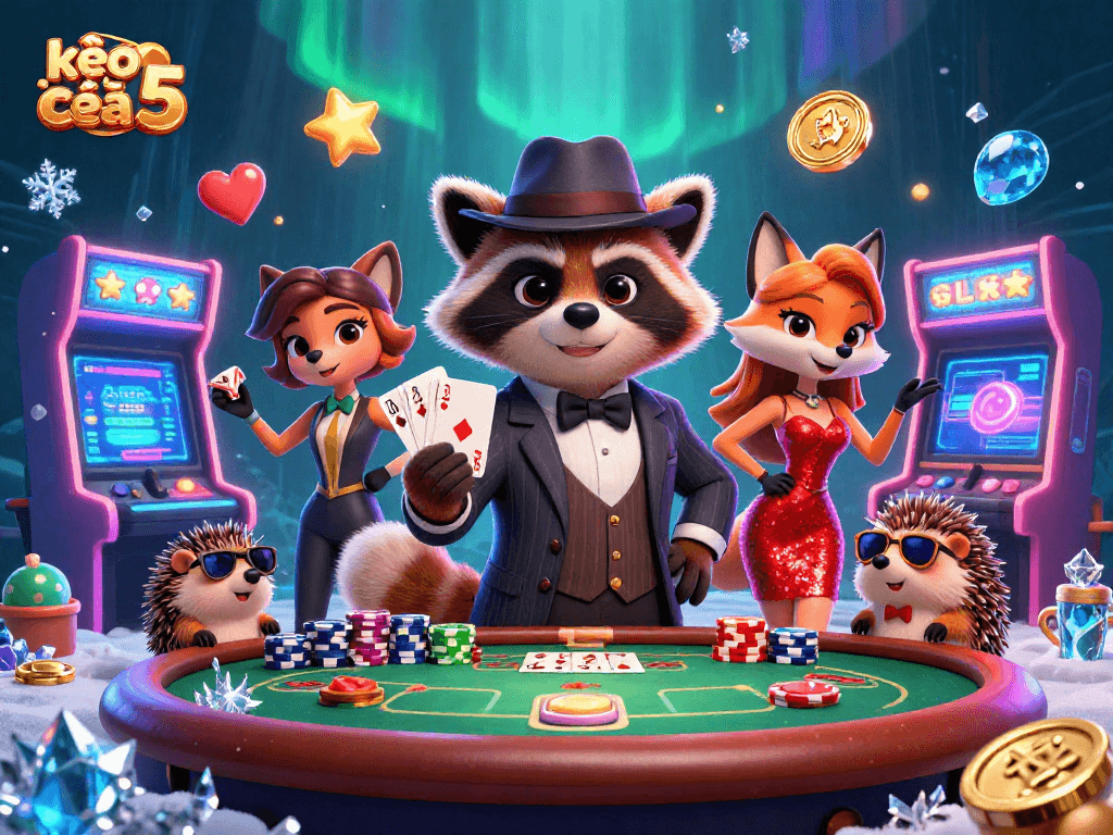Bet on kèo nhà cái 5 with suave characters in an exciting poker scene full of vibrant casino elements.