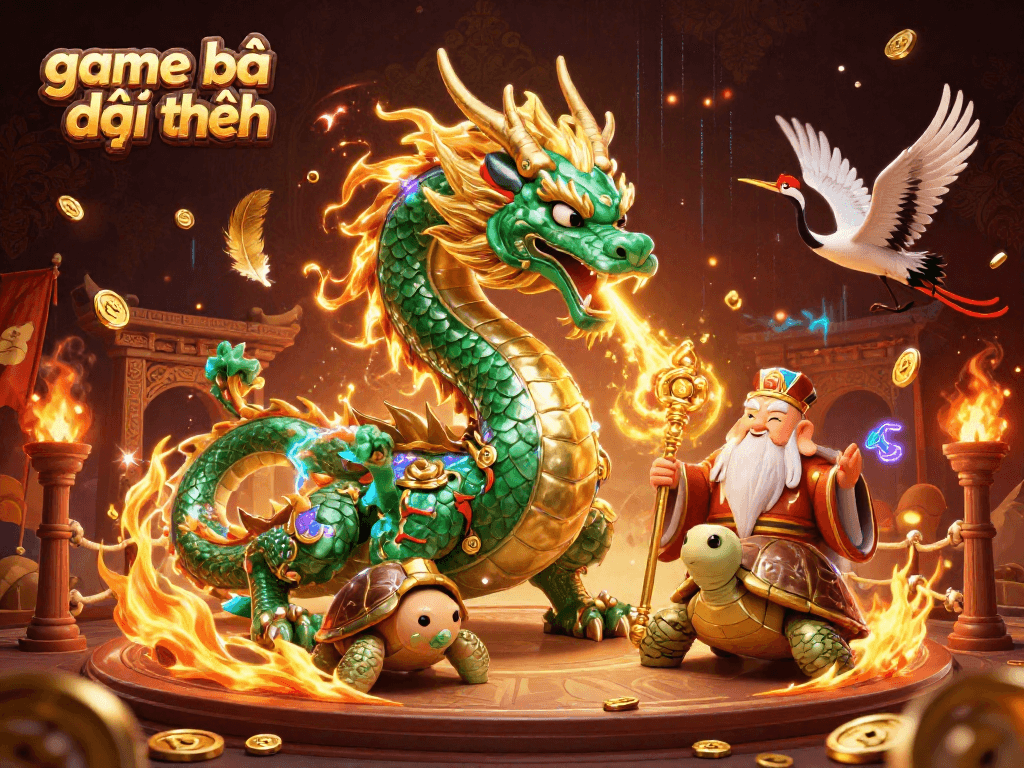 Engage in game bài đổi thưởng with vibrant 3D visual featuring dragons and lucky cranes.