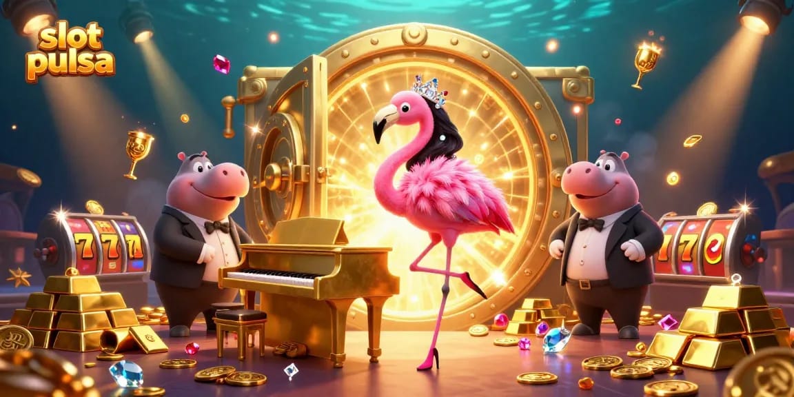 Play slots pulsa with vivid gold treasures and lively characters in this colorful casino scene.