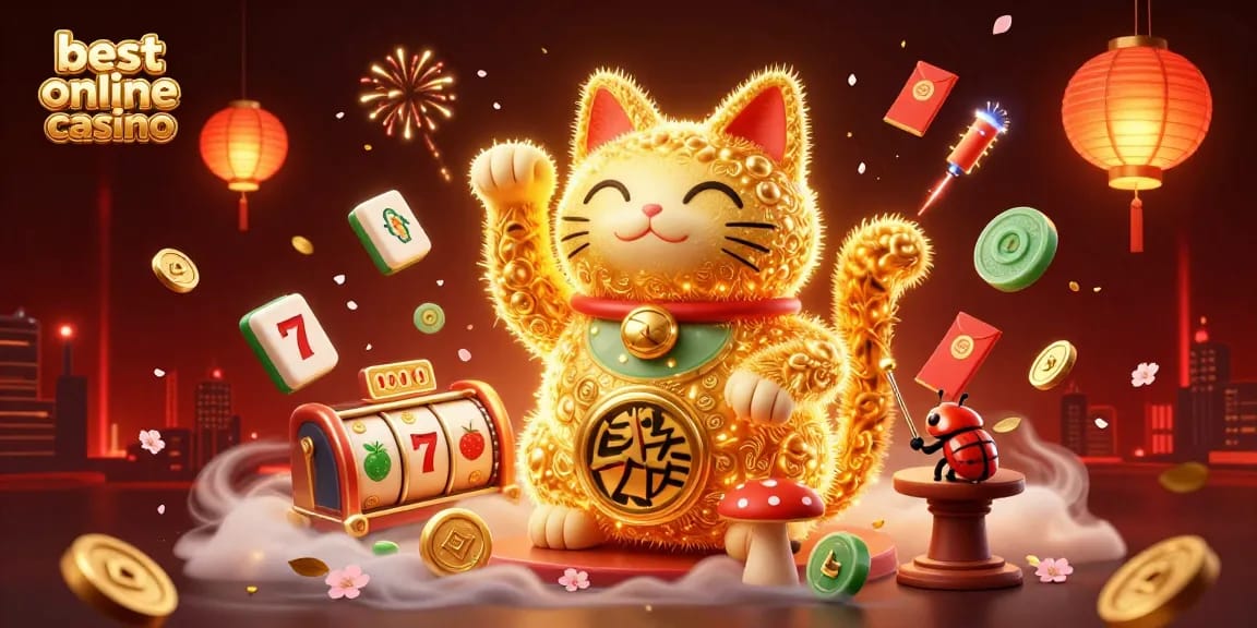 Experience the best online casino with a vibrant 3D illustration showcasing a lucky cat and engaging casino elements.