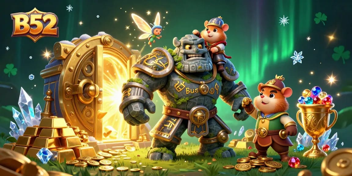 B52 captivates players with an enchanting golem and magical fairy, showcasing rich casino treasures.