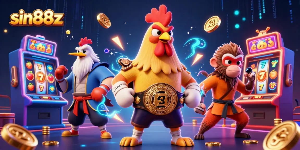 Engage in thrilling gameplay at sin88z featuring vibrant slot machines and cartoon martial artists.