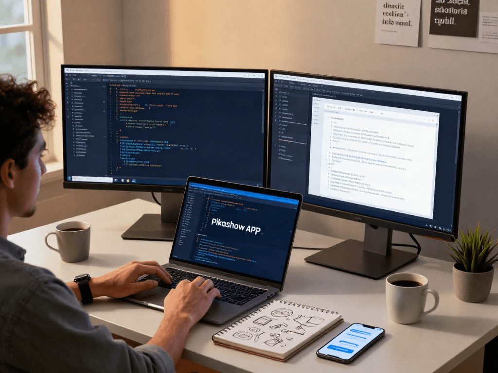 Pikashow APK in action on a laptop in a modern tech workspace, showcasing coding and design.
