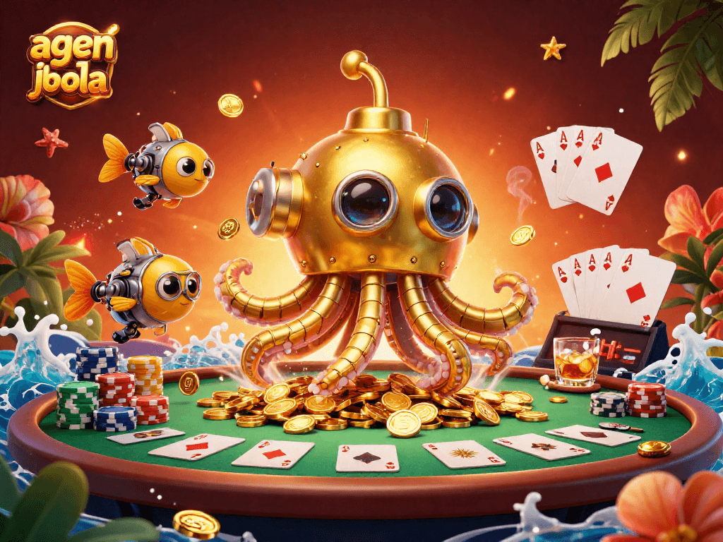 Experience dynamic gaming action with agen judi bola featuring a colorful poker scene and golden kraken submarine.