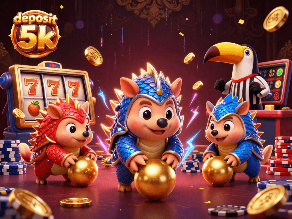 Spin the reels for deposit 5k wins in this dynamic 3D slot-themed illustration.