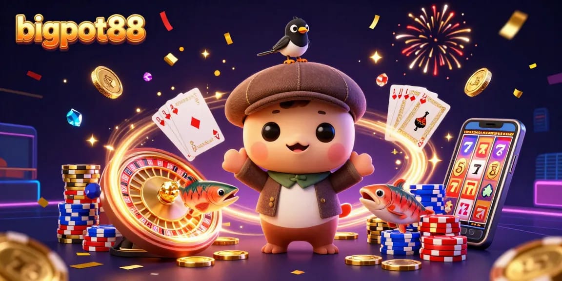 Spin to win with the vibrant bigpot88 scene featuring playful characters and dazzling casino elements.