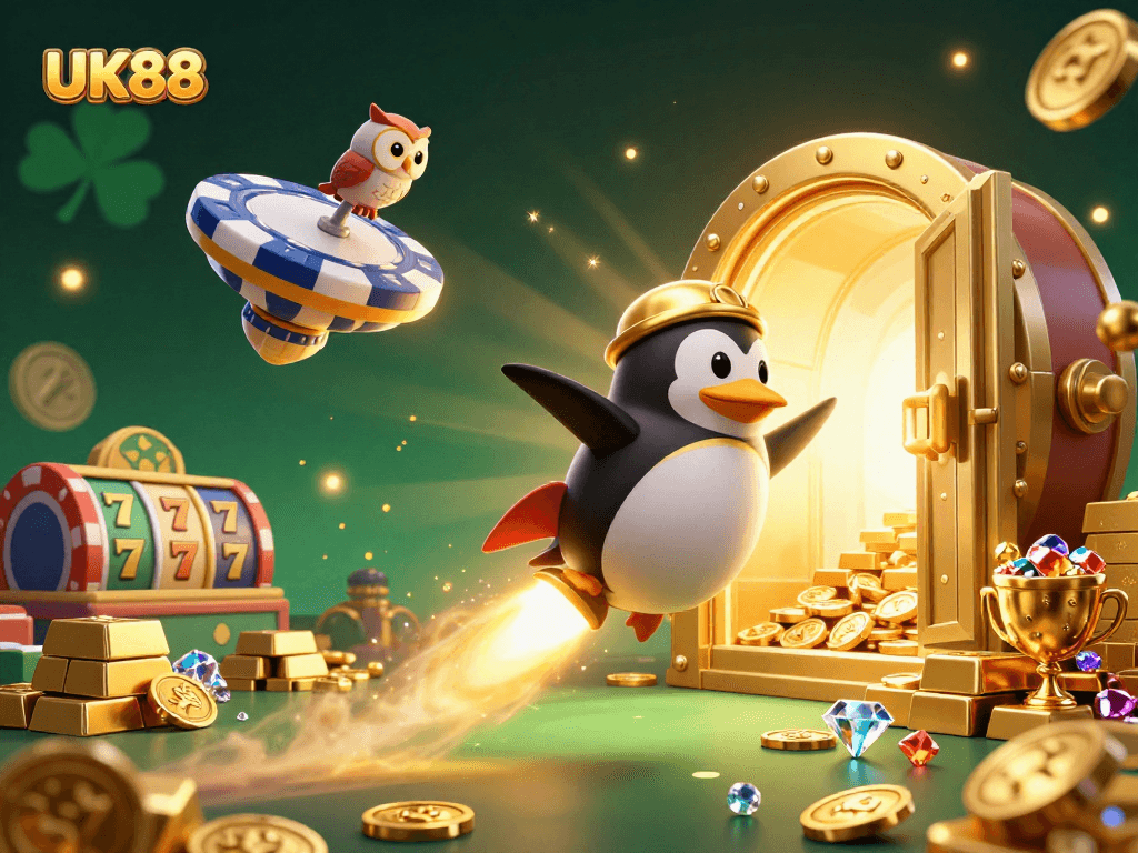 Experience thrilling gameplay at UK88 with a vibrant 3D illustration of a golden penguin in space.
