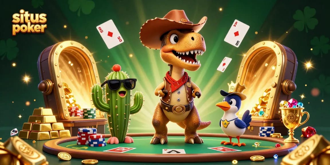 Join the fun in situs poker with a dinosaur, cactus, and roadrunner in this vibrant casino scene.