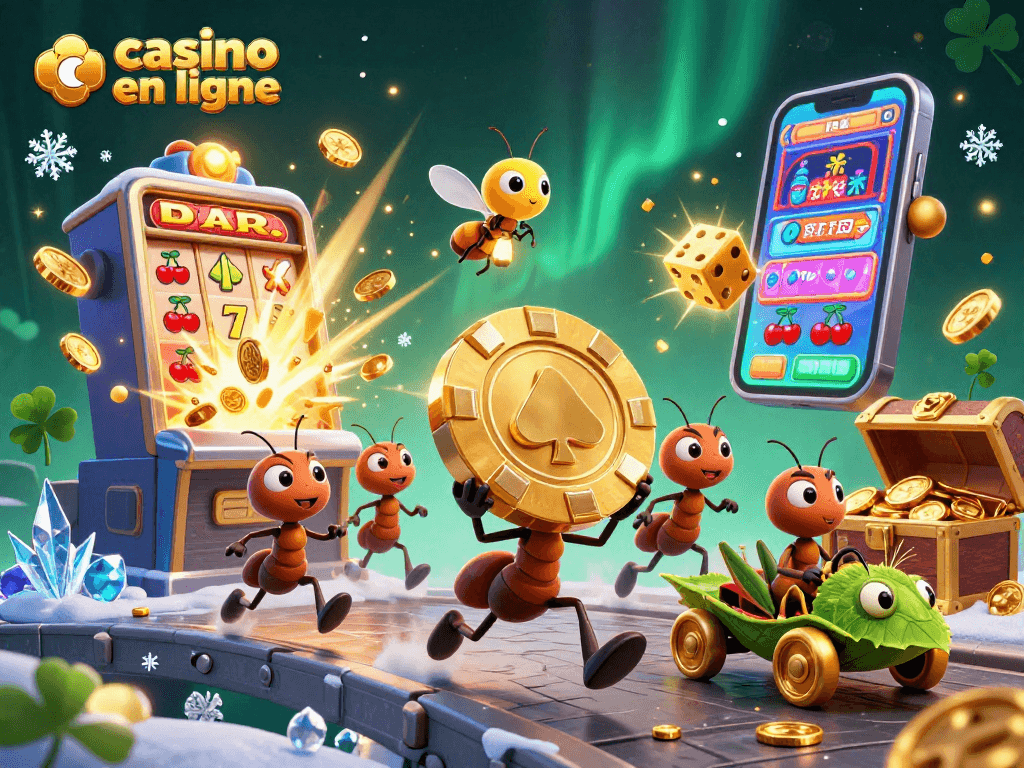 Jouez sur un casino en ligne avec des fourmis en plein vol portant une puce de poker dorée.