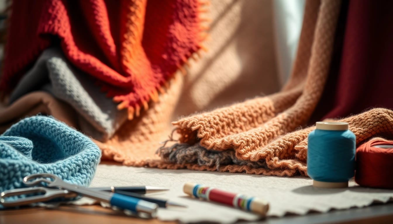 Boucle stof showcasing vibrant textures in a creative sewing studio, inspiring design ideas.