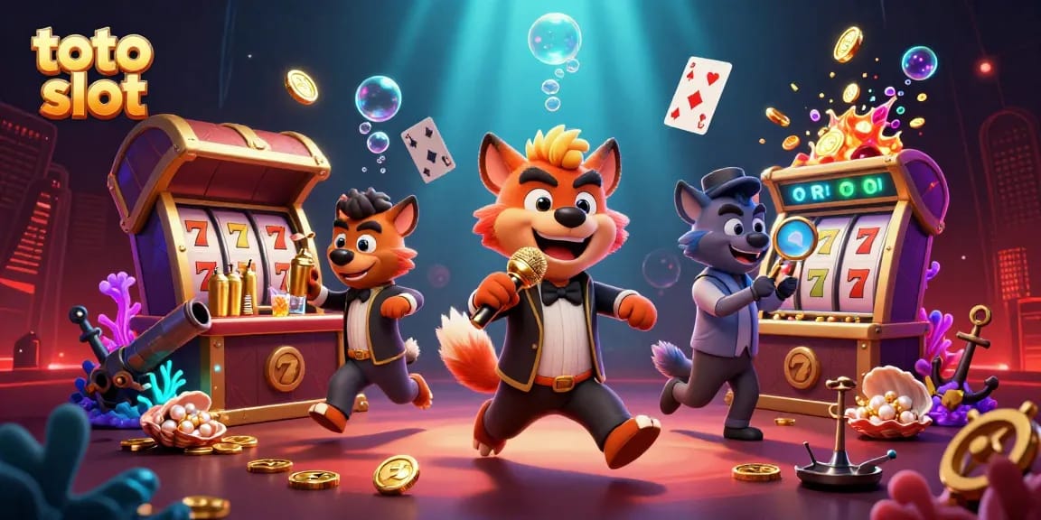 Kegembiraan toto slot dengan hyena lucu di kasino, menari dan bercerita sambil bermain slot.