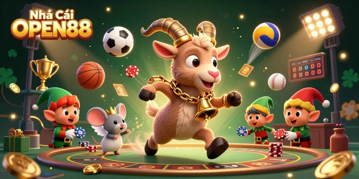 Bet on excitement at Nhà cái OPEN88 with a lively scene featuring Krampus, an angel mouse, and mischievous gremlins.