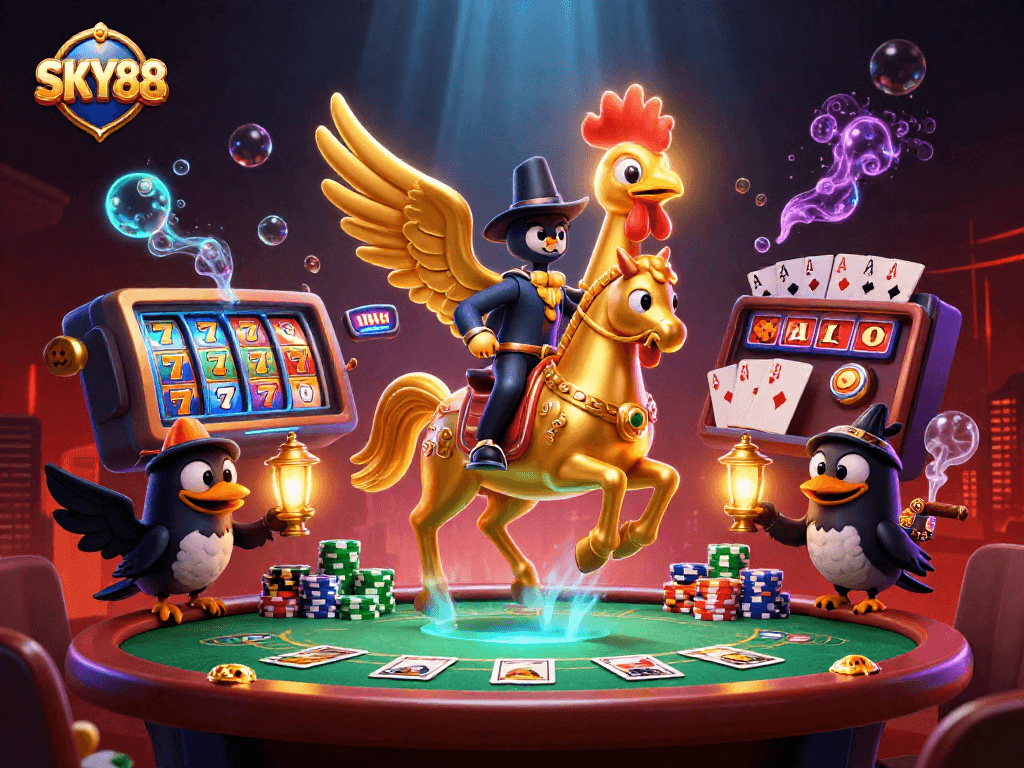 Join the excitement at SKY88's vibrant casino, featuring a golden rooster headless horseman and rich gaming elements.