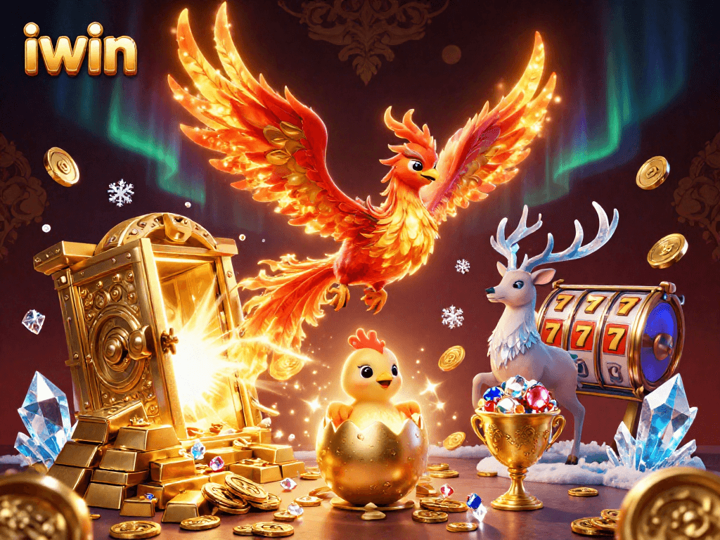 Experience thrilling gaming adventures at iwin, where a majestic phoenix soars amidst vibrant slots and treasures.