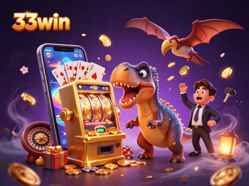 33win's vibrant casino scene with cartoon characters engaging in a jackpot spectacle.