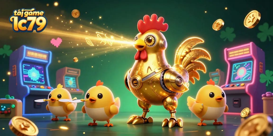 Trải nghiệm tải game lc79 với những hình ảnh sống động từ robot gà vàng và máy game 3D