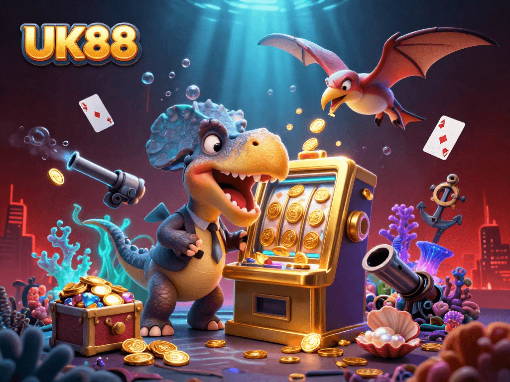 Experience big wins at UK88 with a vibrant scene of dinosaurs celebrating casino jackpots and soaring coins.