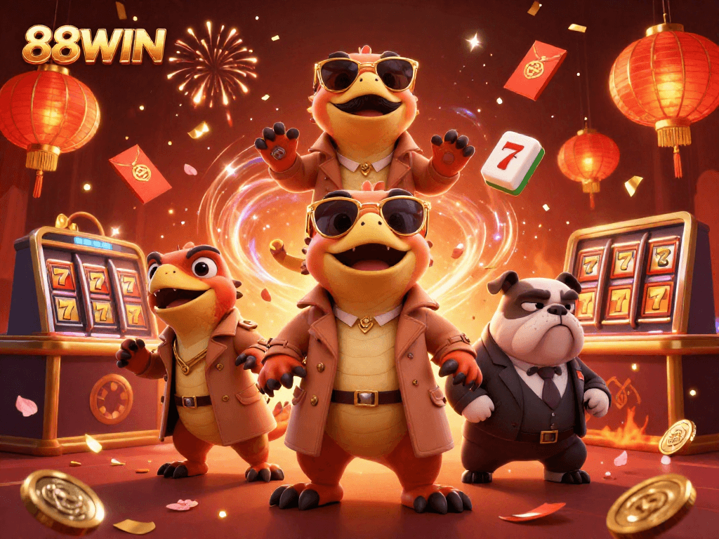 Experience thrilling slots action with 88WIN in a vibrant casino scene featuring playful raptors.