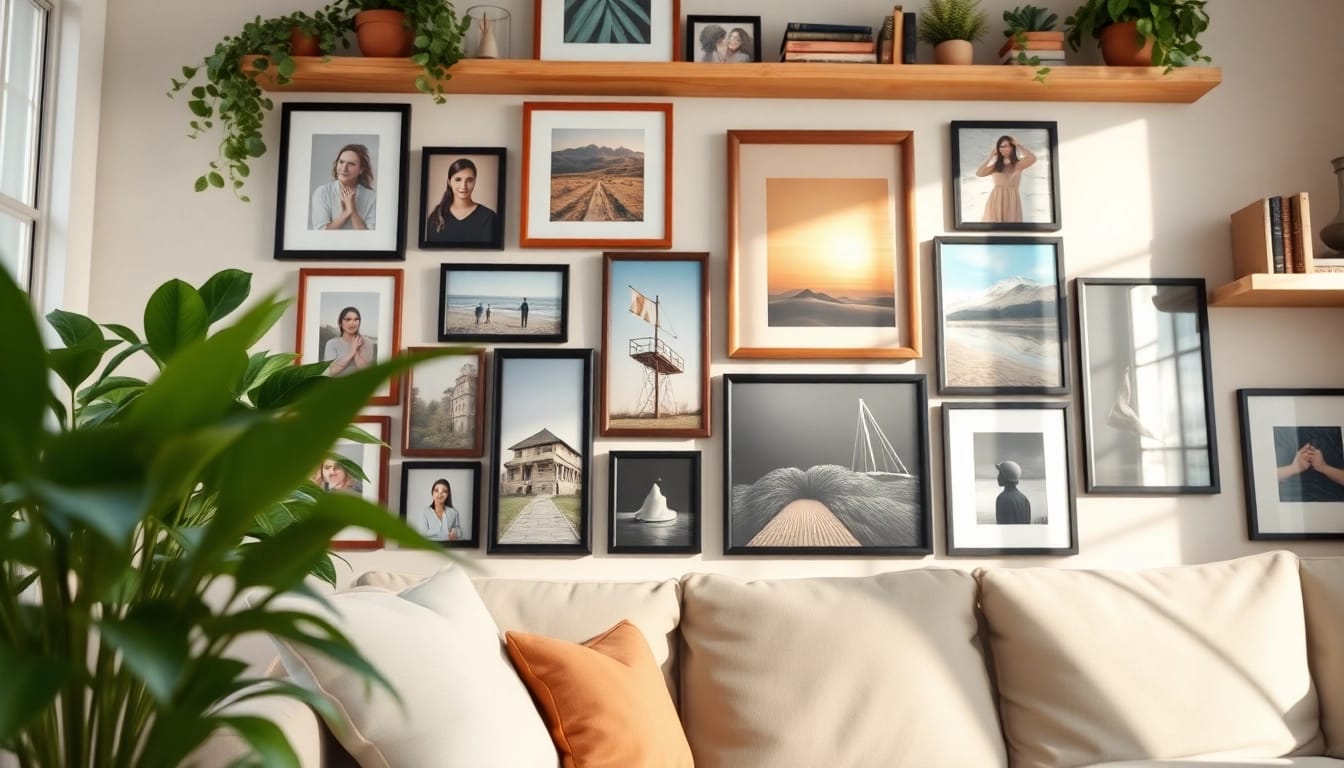 Inspiring photo wall showcasing an array of colorful memories in a cozy living room.