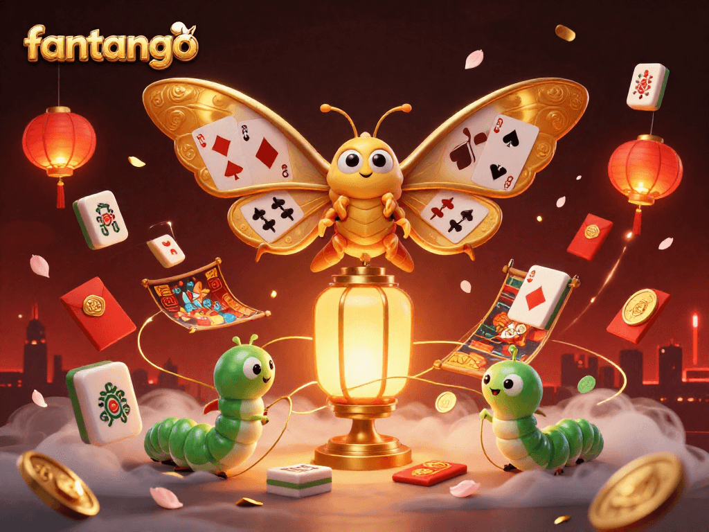 Play and win with fantango, illustrated with vibrant casino scenes and golden moths!