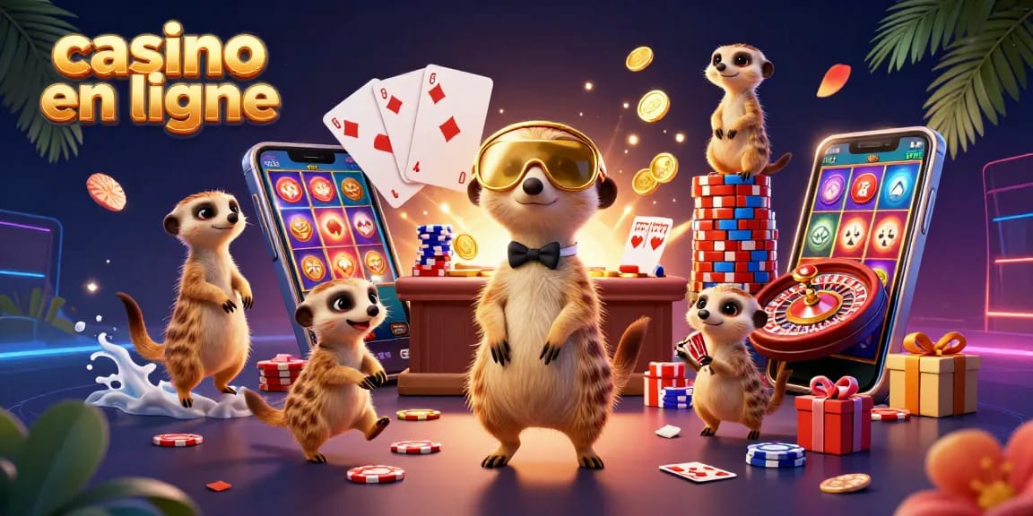 Profitez d'une scène dynamique dans un casino en ligne avec des suricates jouant et des machines à sous scintillantes.