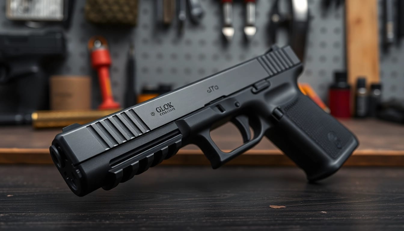 Explore glock 17 slides with intricate detailing on a dark background, emphasizing precision.