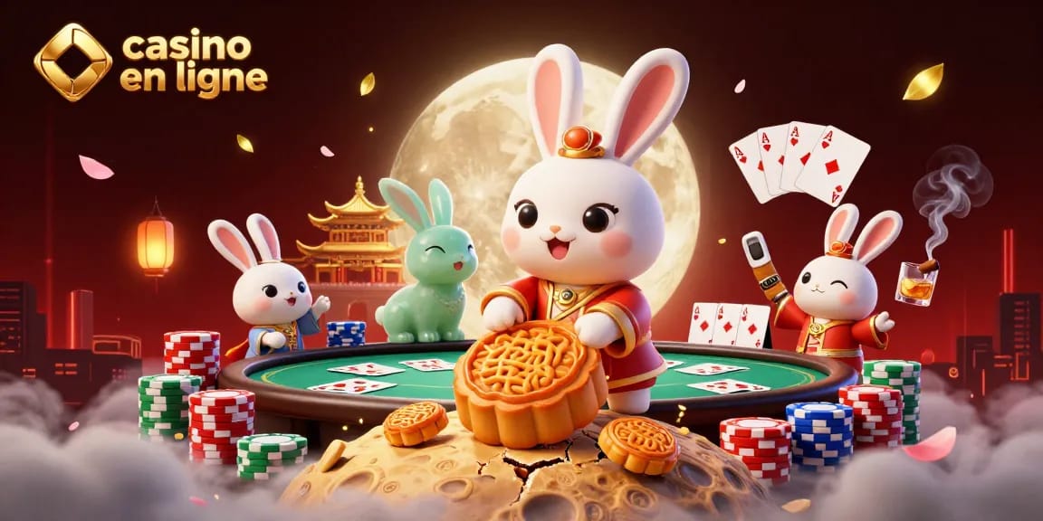 Action de jouer au casino en ligne avec un lapin lunaire et des jetons de poker scintillants.