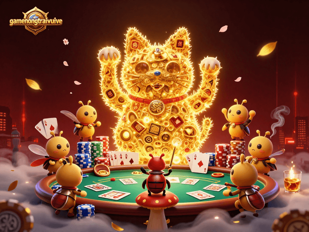Engage with gamenongtraivuive's vibrant casino scene featuring a lucky cat surrounded by poker elements.