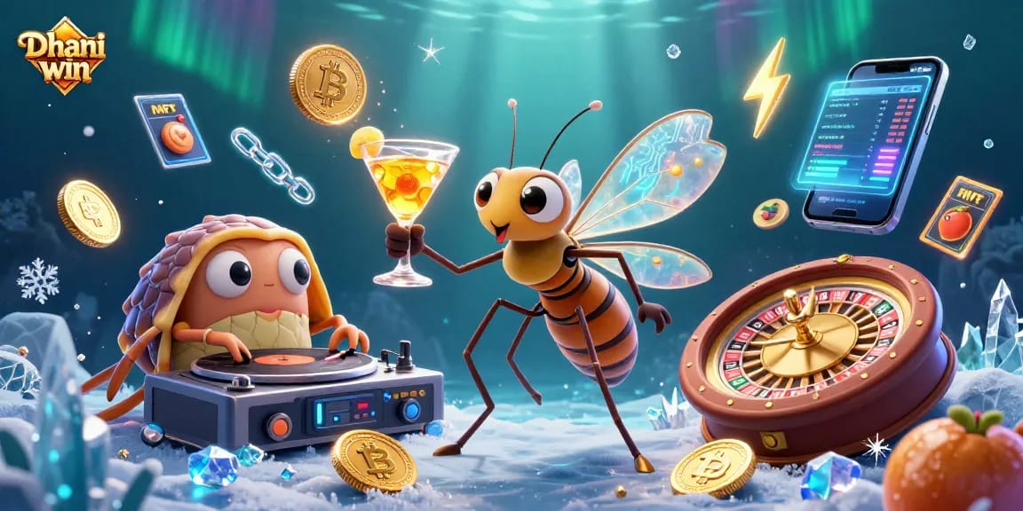 Dhani win showcases an exciting casino scene with a mosquito mascot, while coins and slot reels energize the atmosphere.