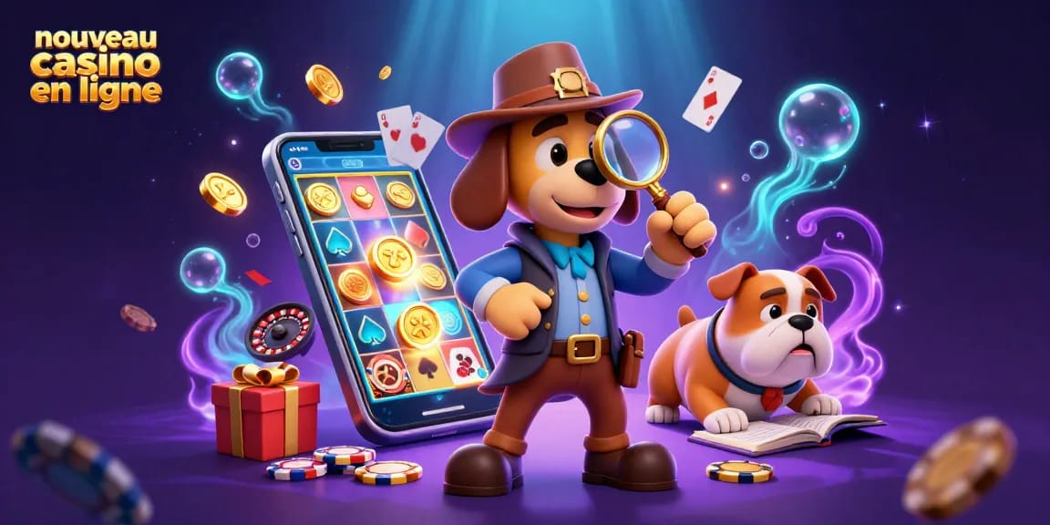 Examiner les indices d'un nouveau casino en ligne avec un chien détective et des éléments de jeu colorés.
