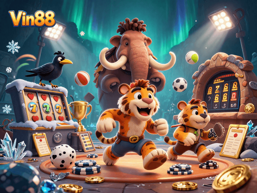 Experience thrilling plays at Vin88 with a vibrant prehistoric casino scene capturing excitement.