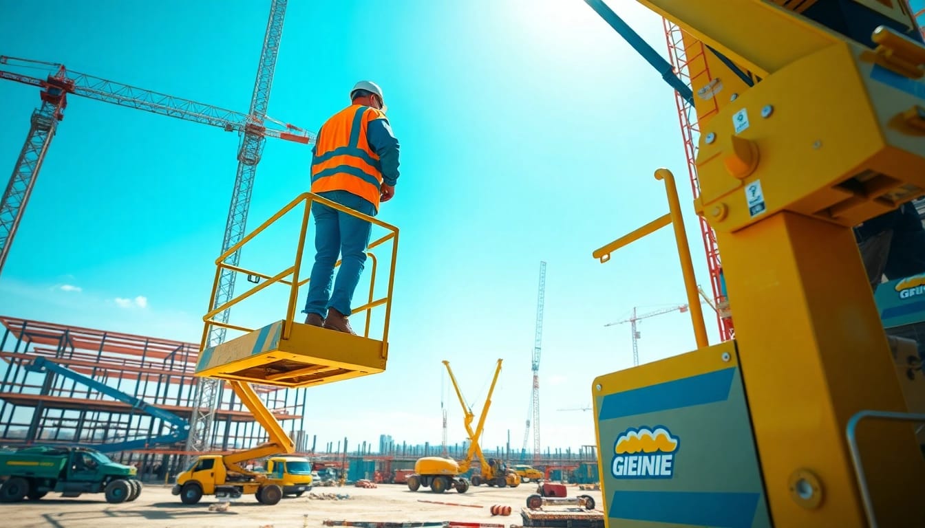 Efficient genie lift elevating workers on a construction site, showcasing its safety features.