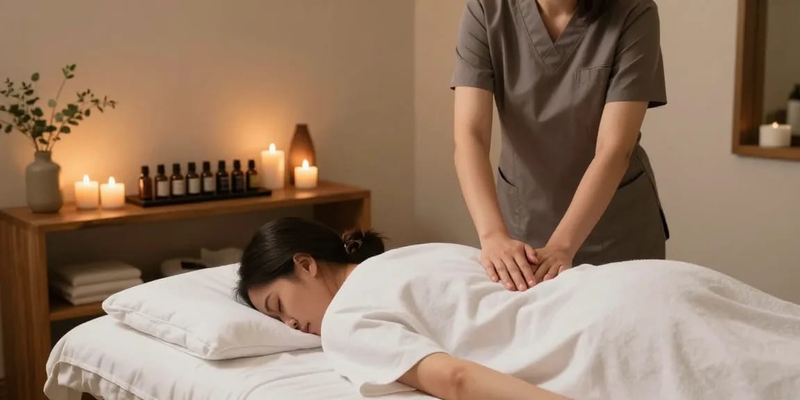 스웨디시 마사지 준비 중인 전문가와 아늑한 스파 공간